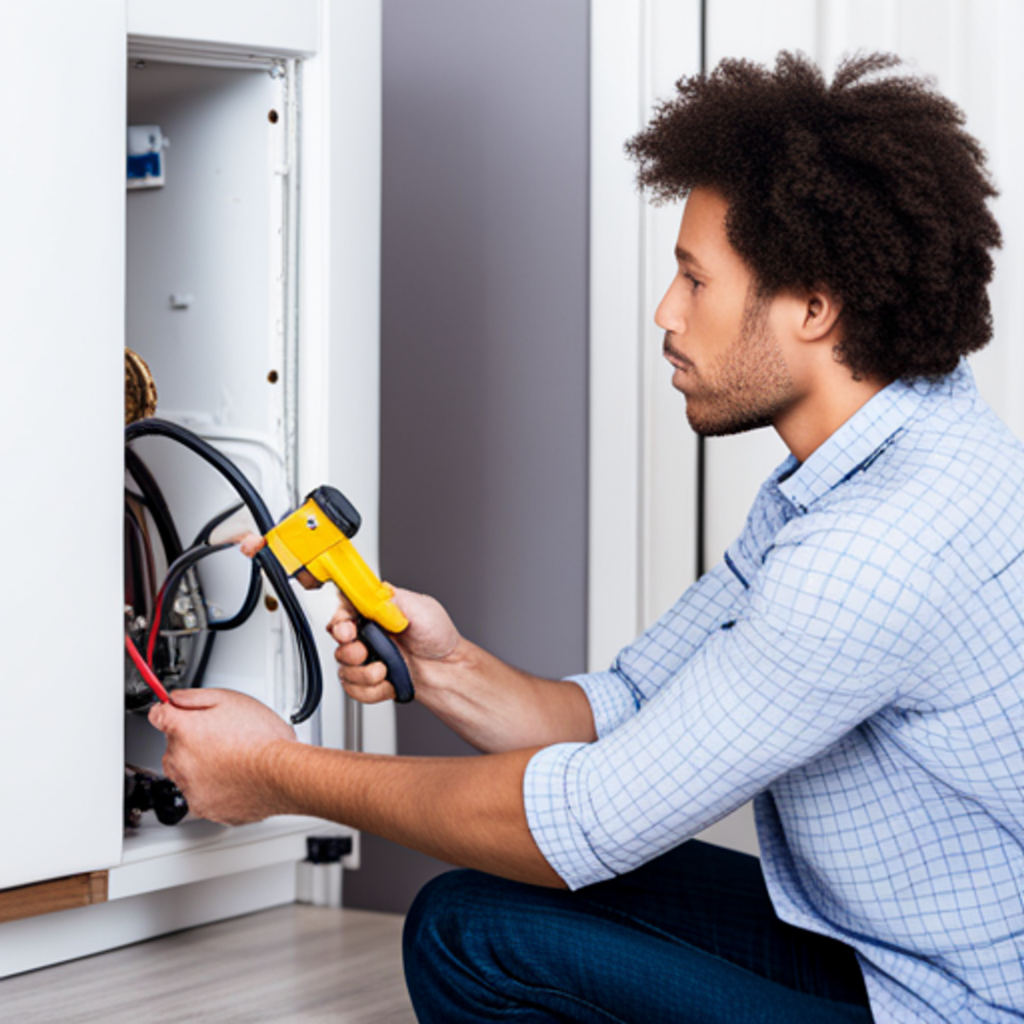 A person checking a gas appliance in a room, depicting safety checks that should be done before renting out a room